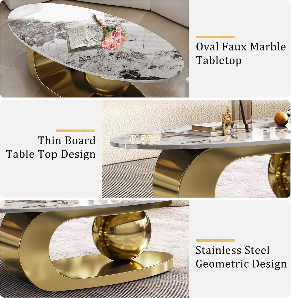 49.2' Oval Stone Coffee Table, Modern Center Tables with Sturdy Metal Base, Faux Marble Coffee Table with Pandora Textured Stone Tabletop, Tables for Living Room, Office, Gold