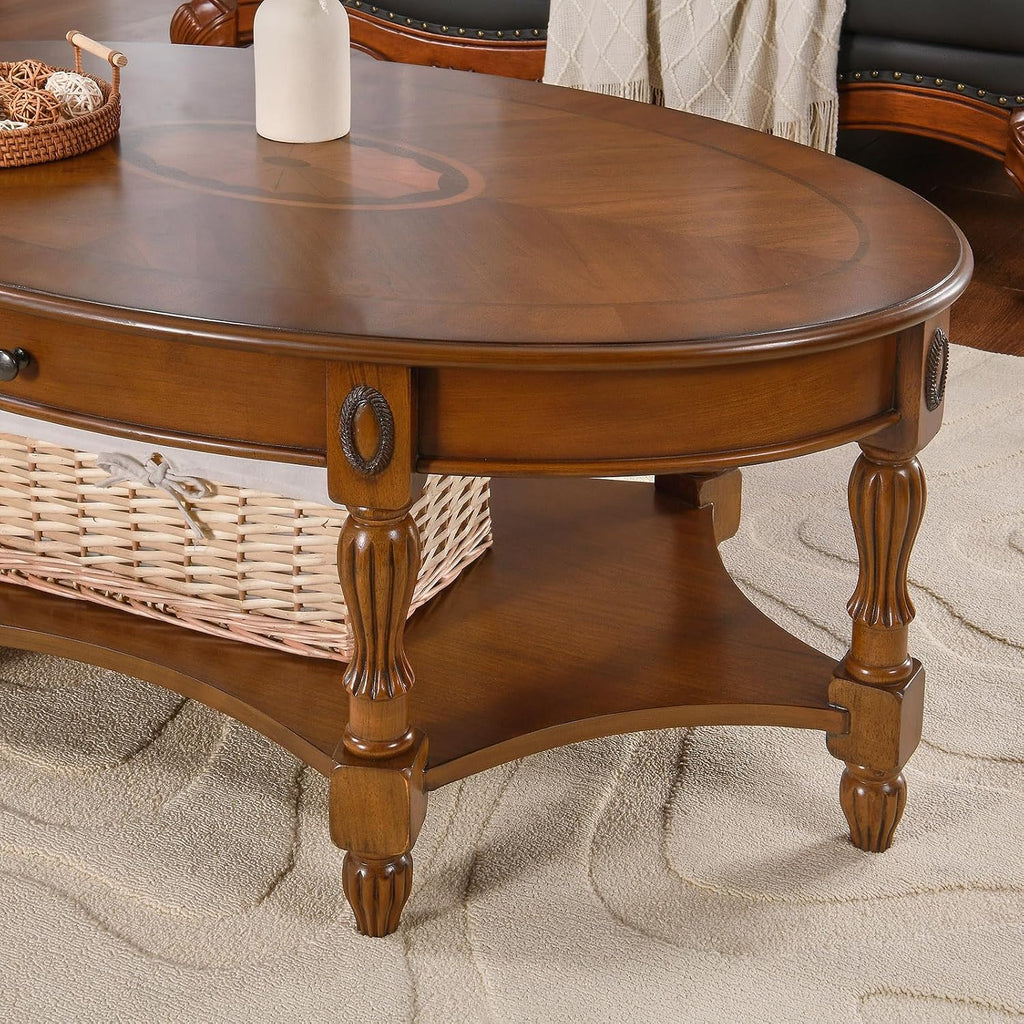 Solid Wood Oval Coffee Table with Drawer, Patterned Top and Vintage Carved Edge, 45' x 18' Center Table in Caramel Brown for Living Room