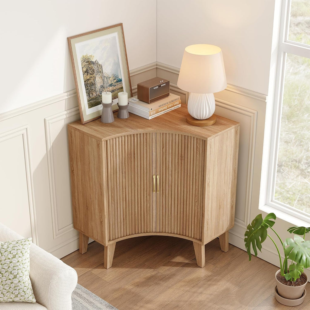 Fluted Corner Cabinet, Small Corner Floor Cabinet with 2-Sliding Doors and Adjustable Shelves, Freestanding Narrow Organizer for Small Space,Living Room, Dining RoomBathroom.Natural