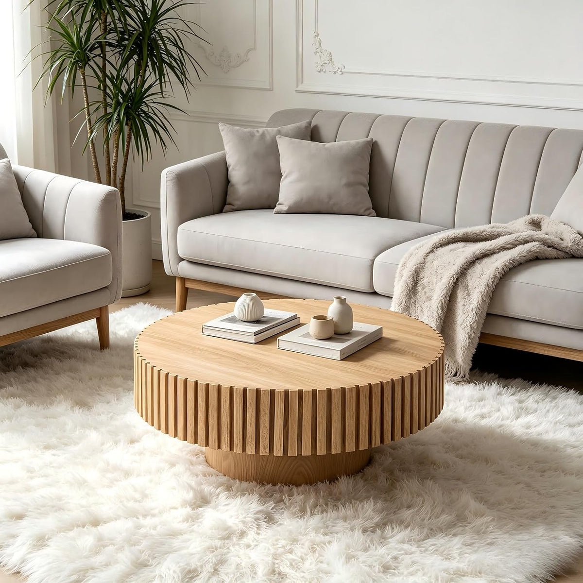 KEVINSPACE Round Coffee Table, 39' Big Wooden Fluted Coffee Table with Fluted Base, Circle Accent Center Table for Living Room Apartment Office Small Space, Easy Assembly, Wood