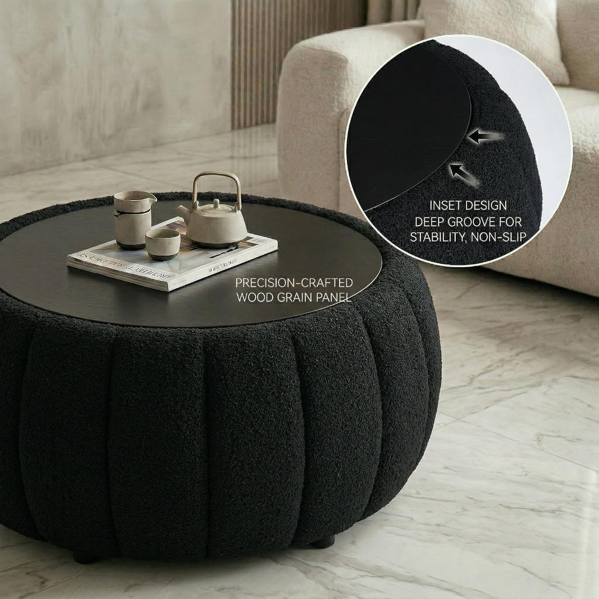 Ottoman Coffee Table for Living Room, Wooden Top Large Storage Ottoman, 30 Inches Round Coffee Table, Pumpkin Shaped Side Table, Multifunctional Teddy Fabric Footstool (Black)