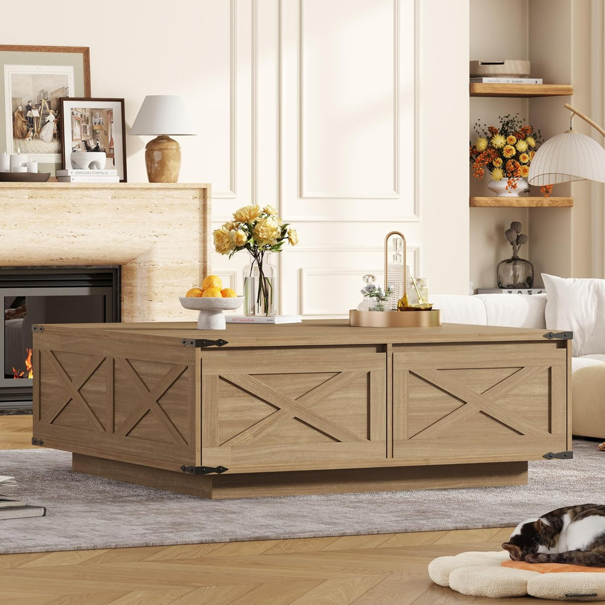 St.Mandyu 47' Farmhouse Square Coffee Table with 4 Drawers Extra Large Coffee Table with Storage Wooden Large Coffee Tables for Living Room Square Center Table for Home Office Natural