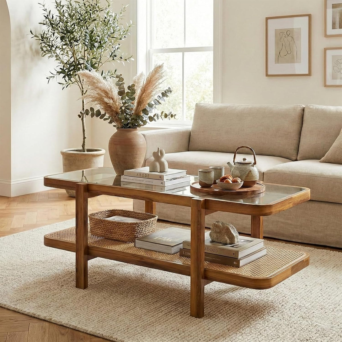 NAFORT Rattan Coffee Table, 47.5' Rectangular Glass Top Coffee Table with Solid Wood Frame and PE Rattan Storage Shelf, 2-Tier Boho Farmhouse Center Table for Living Room or Apartment