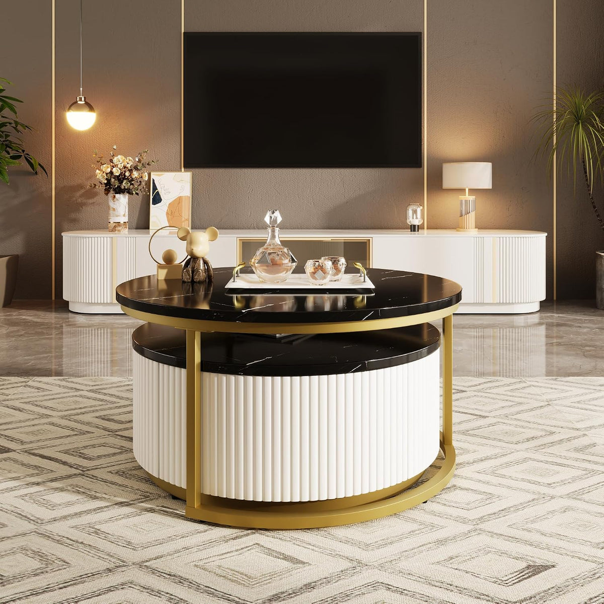 31.5' Black Round Nesting Coffee Table, Modern Coffee Table for Living Room with Storage Drawer Marble Tabletop End Side Table for Bedroom Dining Room