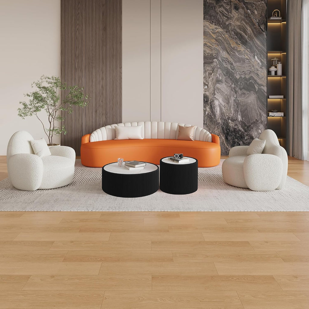 GDFStudio Modern Round Coffee Table, Luxury Sintered Stone Top Circle Coffee Table with PU Leather Drum Base, Creative Shape Small Tables for Living Room Side Tables, Fully Assembled, Black-Large