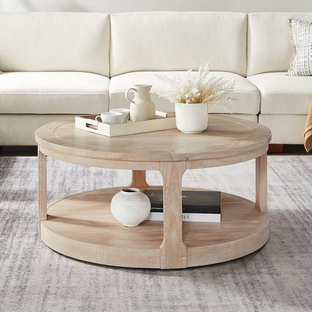 LKTART 40 Inch Round Coffee Tables for Living Room, Wood 2 Tier Circle Coffee Table with Wheels, Mid Century Large Center Table for Office, Apartment,Oak