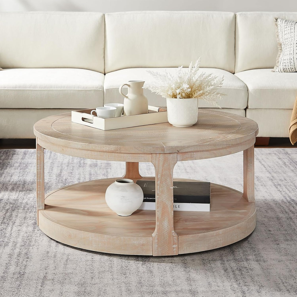 LKTART 40 Inch Round Coffee Tables for Living Room, Wood 2 Tier Circle Coffee Table with Wheels, Mid Century Large Center Table for Office, Apartment,Oak