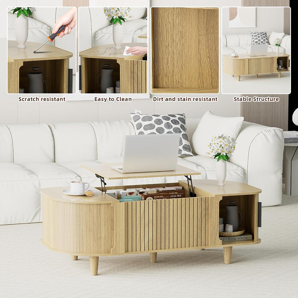 Lift Top Coffee Table, Oval Mid Century Modern Center Table with 3 Hidden Storage, 41' Coffee Tables with Sliding Door and Open Cabinet for Living Room Bedroom Office, Natural Wood