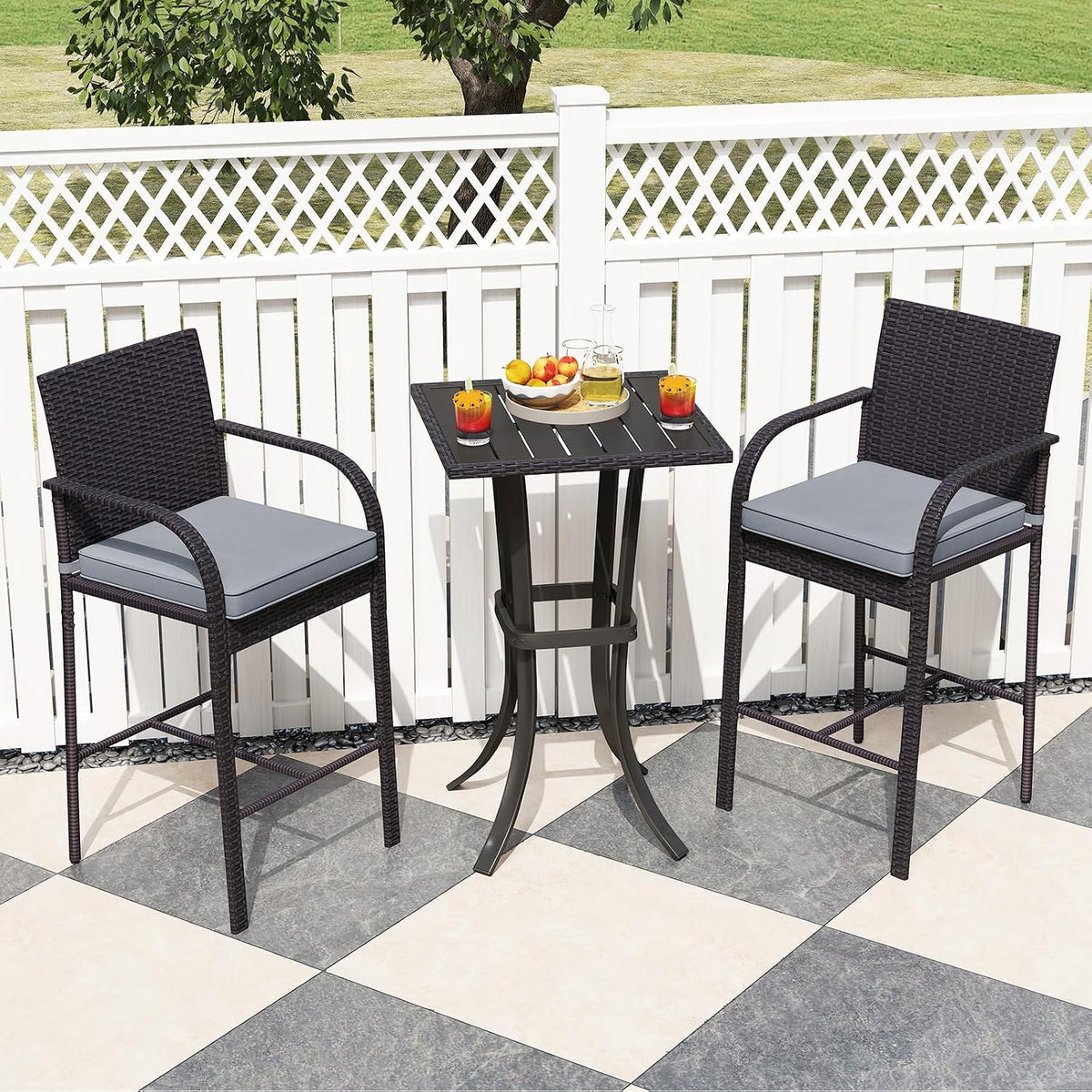 Tangkula 3 Piece Patio Wicker Bar Set, Outdoor Rattan Counter Height Cushioned Chairs & Square Table with Heavy-Duty Metal Frame, for Balcony, Backyard, Poolside