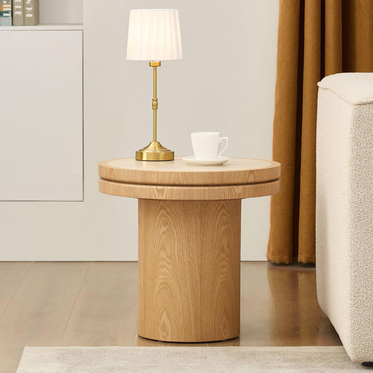 LKTART 19.49 Inch Round End Table with Sintered Stone Top, Mid-Century Modern Wood Table with MDF Pedestal, Small End Tables for Living Room Bedroom Apartment, Easy Assembly, Walnut