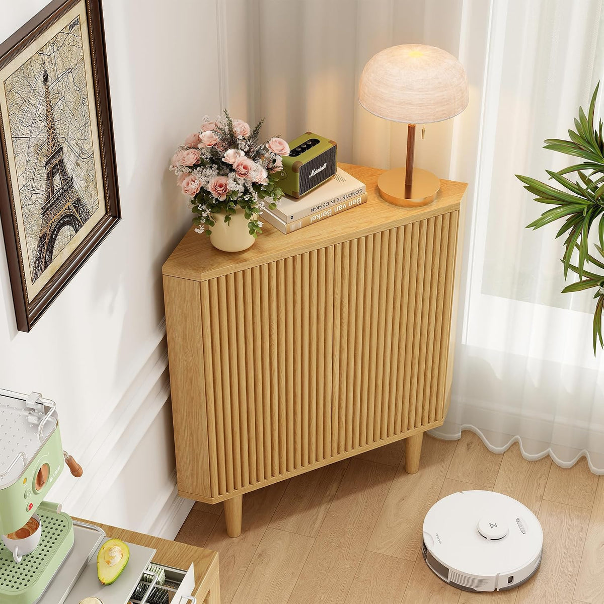 Fluted Floor Corner Kitchen Cabinet, Wooden Freestanding Cabinets Organizer with Door, Side Storage Organizer for Living Room, Dining Room, Bathroom Natural