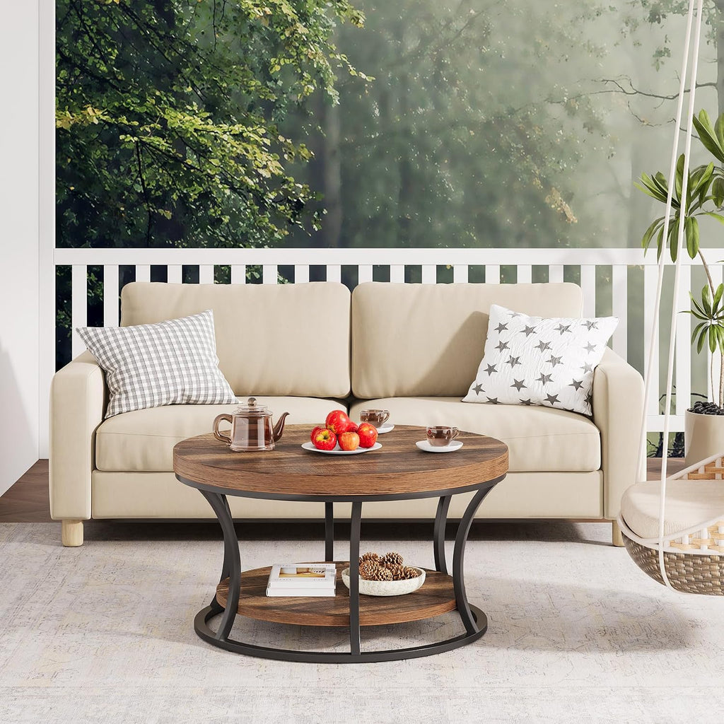 Round Coffee Table for Living Room, 2-Tier Circle Coffee Table with Storage, Accent Center Table Modern Design, Rustic Brown and Black