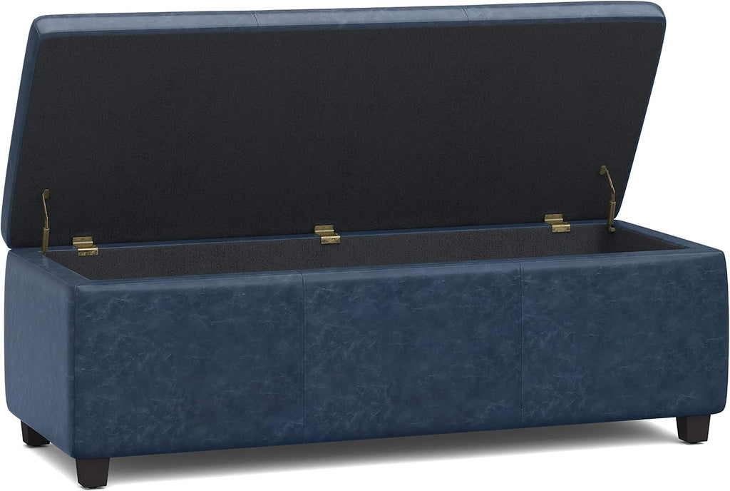 SIMPLIHOME Avalon Storage Ottoman Bench - 48' Wide x 16' High Upholstered Vegan Leather Rectangular Lift-Top Ottoman in Denim Blue, Contemporary Storage Bench for Living Room with High-Density Foam
