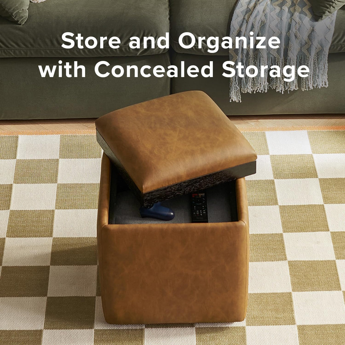 mopio Levi Storage Ottoman with Reversible Tray, Modern Square Chest Coffee Table, Upholstered Cube Sitting Foot Stools Ottoman for Living Room, Bedroom, Entryway (Faux Leather, Pecan Brown)