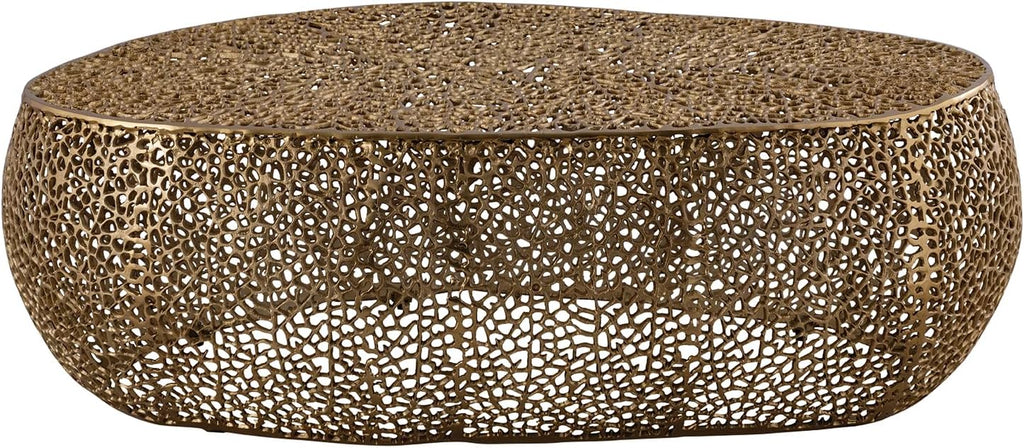 Oval Coffee Table with Iron Hollow Design in Black & Silver & Gold,Drum Tea Central Table for Living Room No Assemble