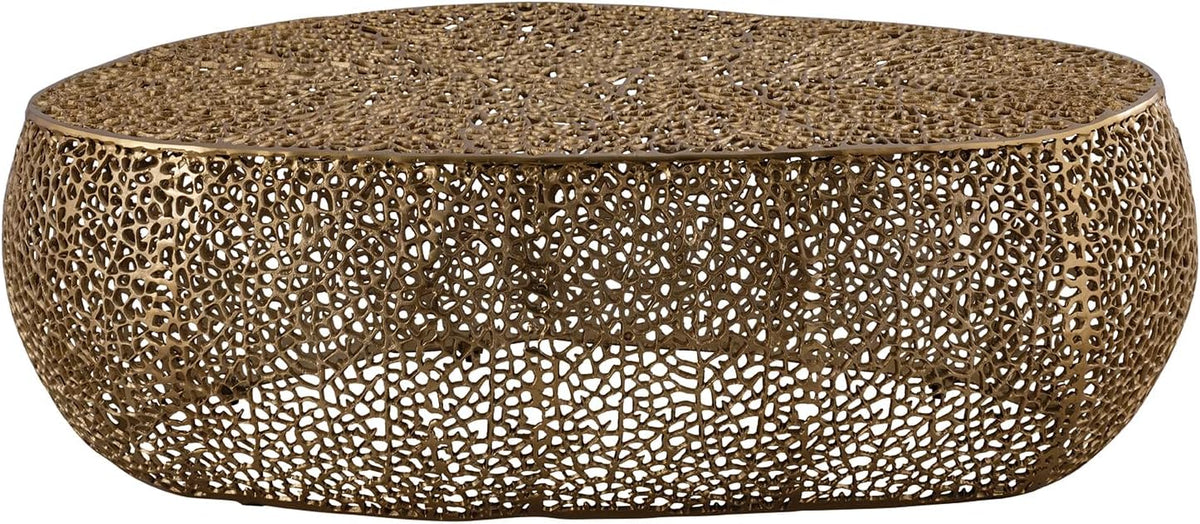 Oval Coffee Table with Iron Hollow Design in Black & Silver & Gold,Drum Tea Central Table for Living Room No Assemble