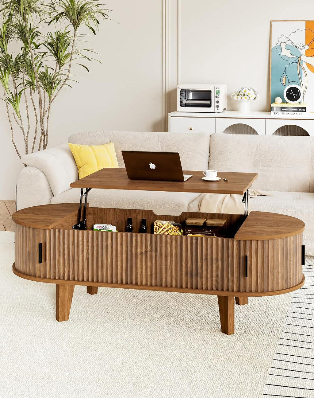 47.2' Oval Coffee Table with Storage, Lift Top Coffee Table for Living Room, Modern Wood Fluted Center Table with 180° Sliding Tambour Door