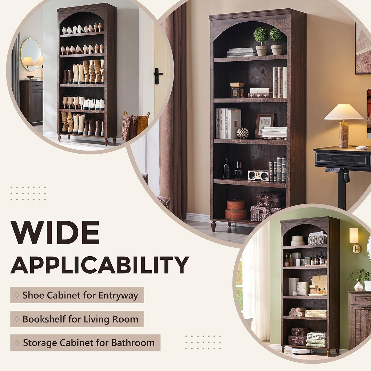 IFGET 76' Tall Arched Bookcase, Farmhouse 5 Tiers Large Arched Bookshelf Cabinet with Adjustable Shelves, Modern Wooden Book Shelf w/Storage and Open Display Shelves for Living Room, Office-Brown