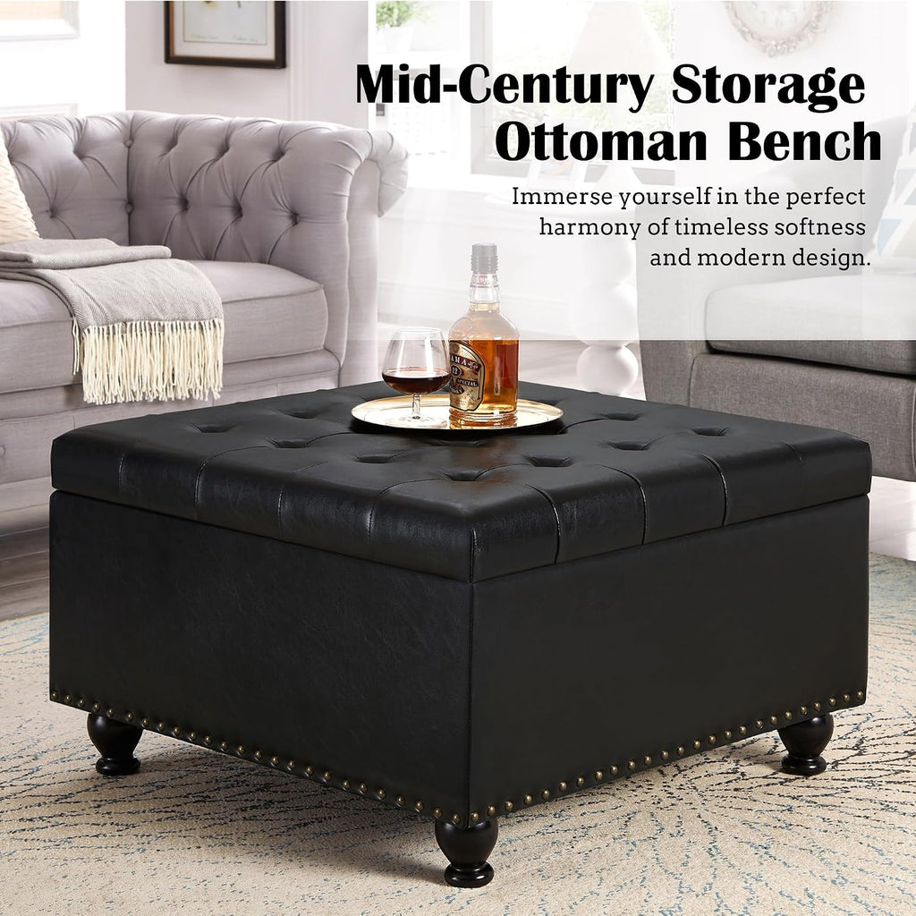 Storage Ottoman Coffee Table, 30 Inch Black Leather Square Ottoman Bench with Storage, Upholstered Tufted Footstool with Nail Trims, Oversized Coffee Table for Living Room, Bedroom