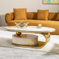 16.93' H Oval Coffee Table with Storage Drawer, Modern Center Tablet with Sintered Stone Tabletop and Marble Pattern, Luxury Coffee Tables with Gold Stainless Steel Base for Bedroom Home Office Beige