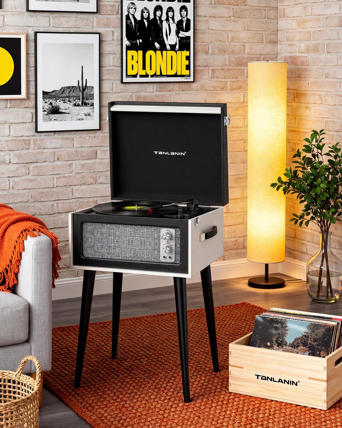 Vintage Standing Black Vinyl Record Player with Detachable Legs, Built-in 4 Speakers, USB to PC Encoding, 33/45/78 RPM LP Player Bluetooth Retro Turntables Support Headphone Jack, RCA Out, AUX in