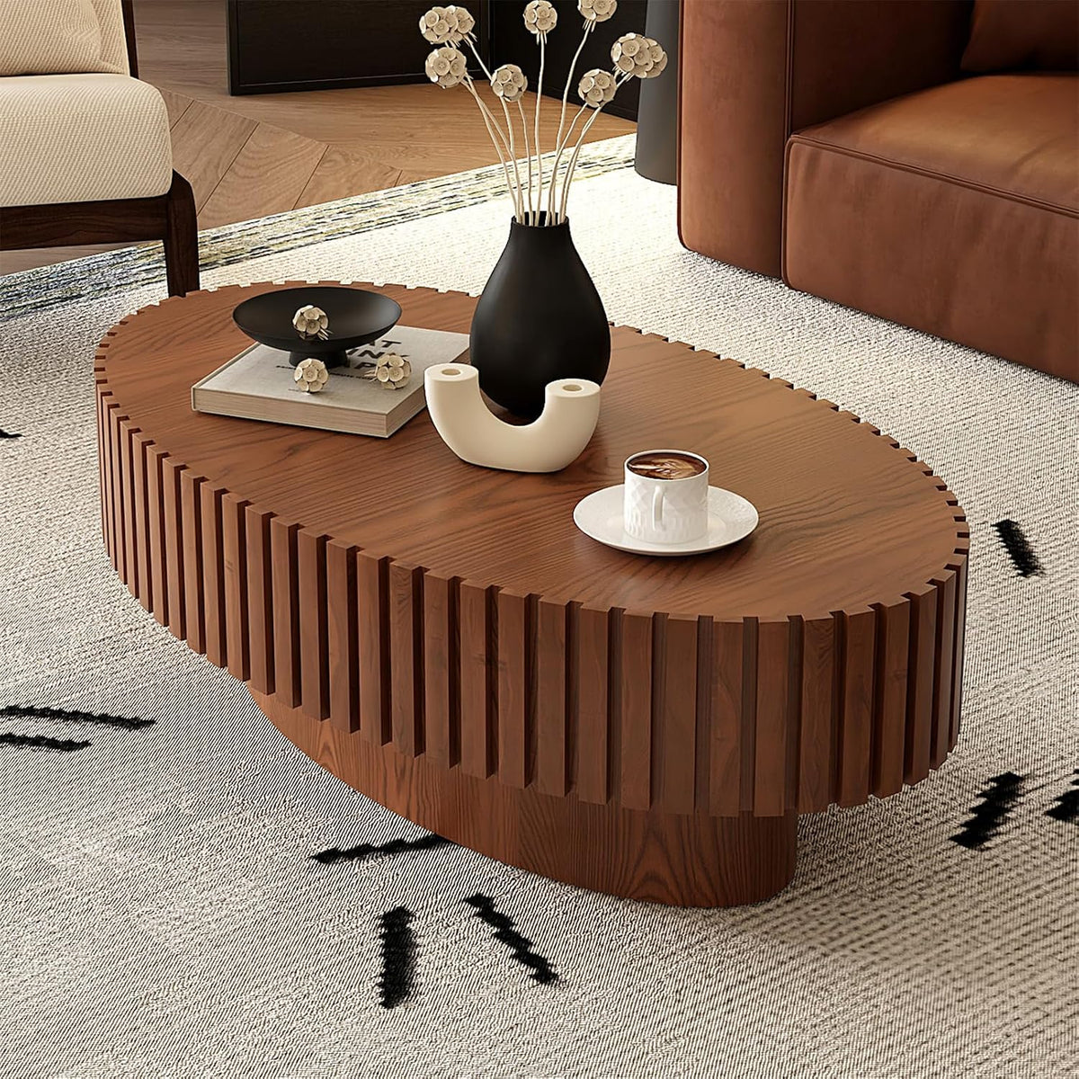 LKTART Oval Drum Coffee Table Handcrafted Relief Sturdy Pedestal Wooden Olive-Shaped Tea Table for Living Room,Brown,43''L×25''W×14''H