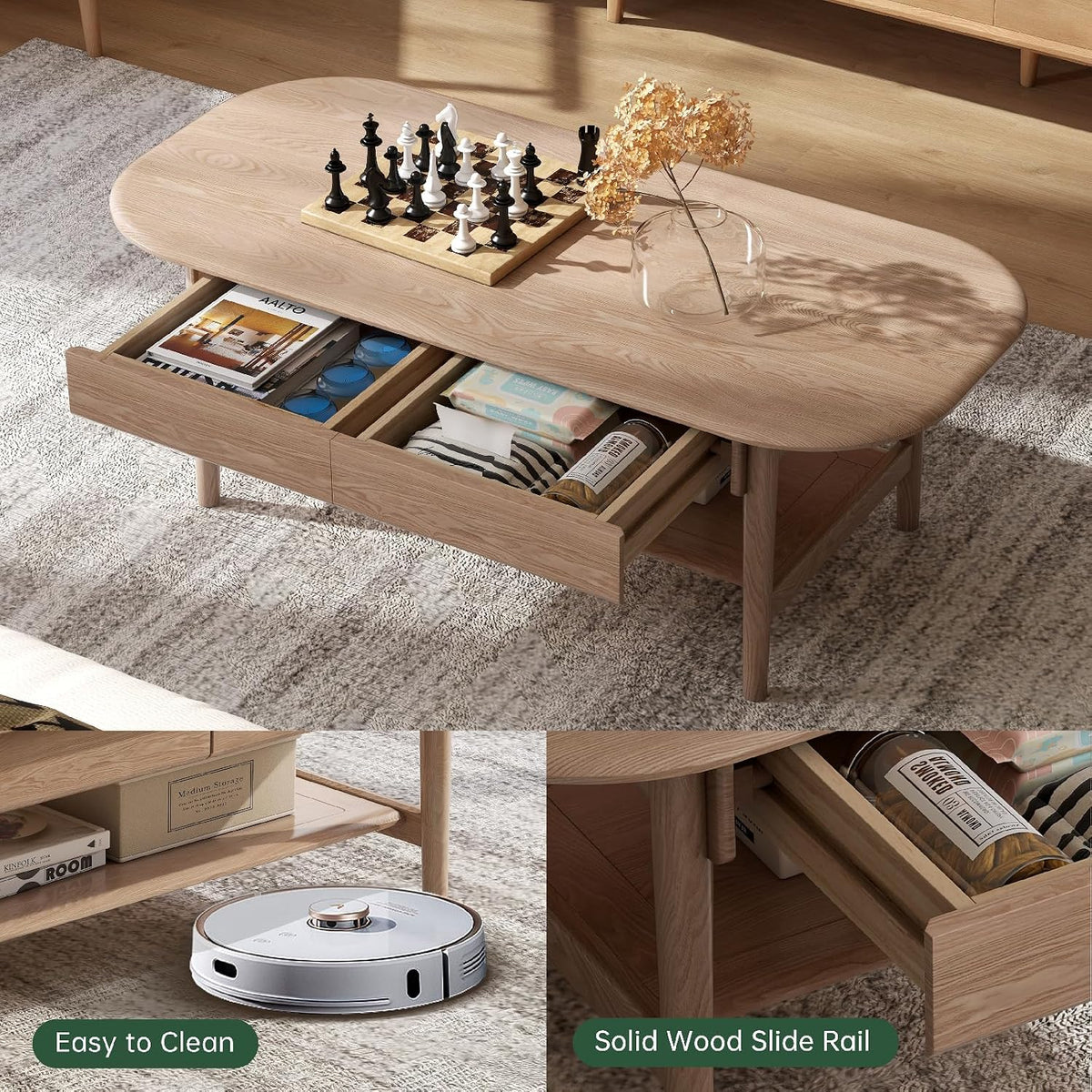 100% Solid Wood Coffee Table for Living Room, 2-Tier Coffee Table with 2 Drawers and Shelf Storage, Mid Century Modern Table for Home (Mandshurica Natural Wood, 47.24''W x 22.05' D x 16.54' H)