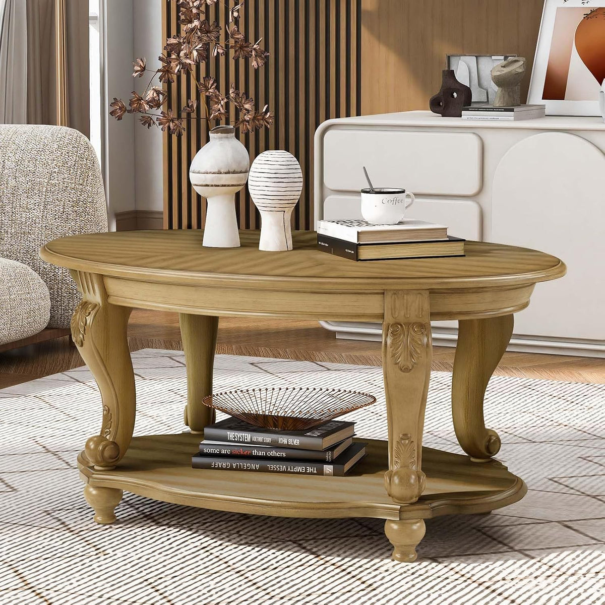 Solid Wood Coffee Table Set for Living Room, Coffee Table & 2 End Side Table 3-Piece Set with Open Storage for Office Apartment Natural