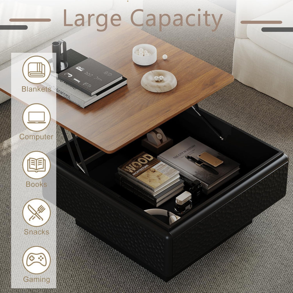 31.5' Lift Top Coffee Tables for Living Room,Mid Century Modern Square Coffee Table with Hidden Storage, Wood Center Tea Table with Stable Honeycomb Pattern Base for Apartment Small Space,Black