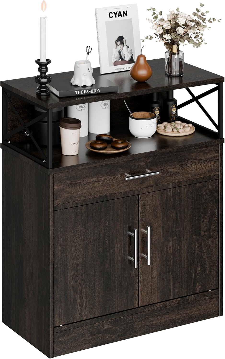 SUNLEI Kitchen Buffet Sideboard Cabinet, Storage Cabinets with 2 Doors and 1 Drawers, Open Storage & Adjustable Shelf, Farmhouse Coffee Bar Cabinet with Storages for Kitchen, Rustic Brown