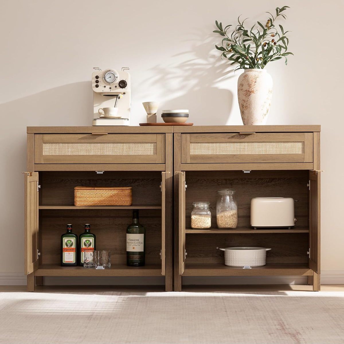 SICOTAS Sideboard Buffet Cabinet Set of 2, Rattan Credenza Storage Cabinet, Boho Buffet Table Console Cabinets with Drawer, Farmhouse Coffee Bar for Entryway Living Room, Natural Oak
