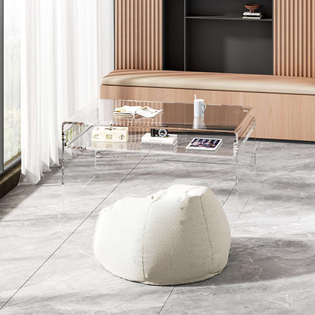 2-Tier Premium Acrylic Coffee Table, 31.5' D x 19.7' W x 15' H x 3/5'' Thick Clear Acrylic Coffee Table with Open Storage Shelf, Modern Clear Rectangle Coffee Table for Living Room, Office and Bedroom