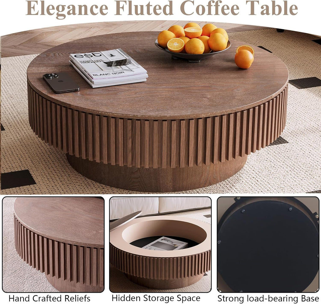 39.37' Round Wood Coffee Table,Modern Coffee Table with Storage for Living Room,Solid Wood Drum Coffee Table Circle Fluted Coffee Table Accent Side Table for Apartment,Office, Easy Assembly,Walnut