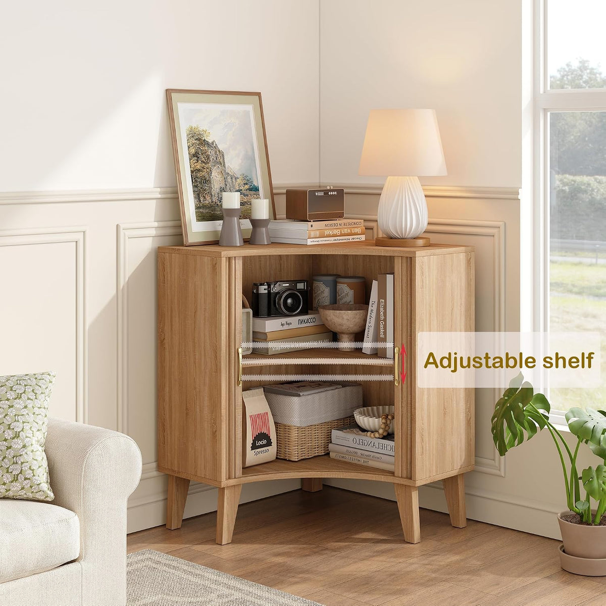 Fluted Corner Cabinet, Small Corner Floor Cabinet with 2-Sliding Doors and Adjustable Shelves, Freestanding Narrow Organizer for Small Space,Living Room, Dining RoomBathroom.Natural
