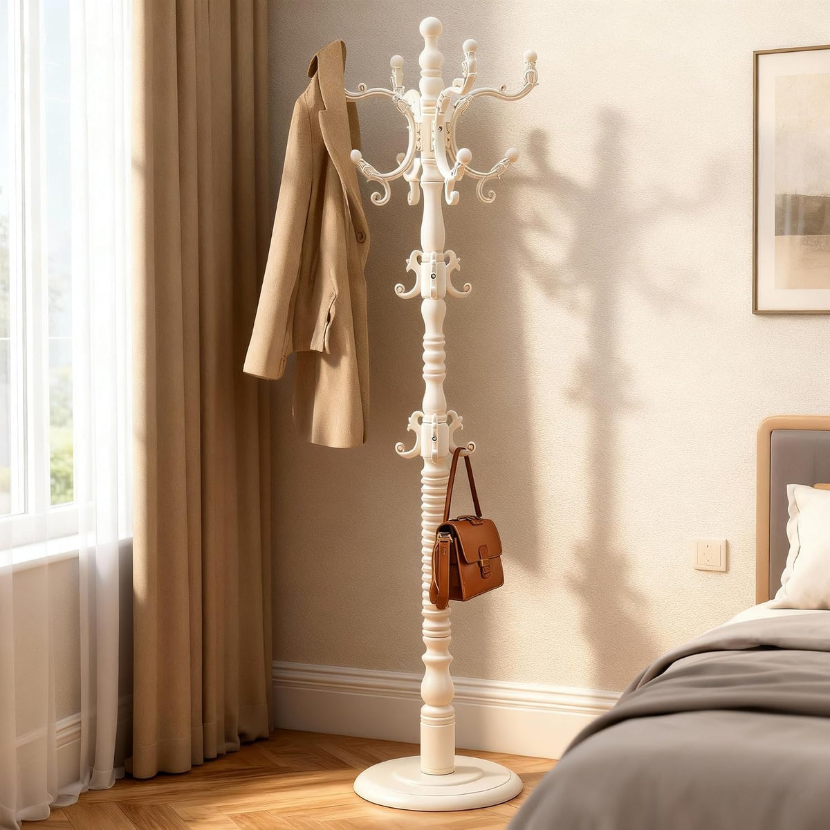 Wooden Vintage Coat Rack Freestanding,Coat Rack Stand With 18 Hooks And Sturdy Round Solid Wood Base，Three-level Adjustable for Bedroom, Living Room, Entrance and Office(Retro White, 1 PCS)