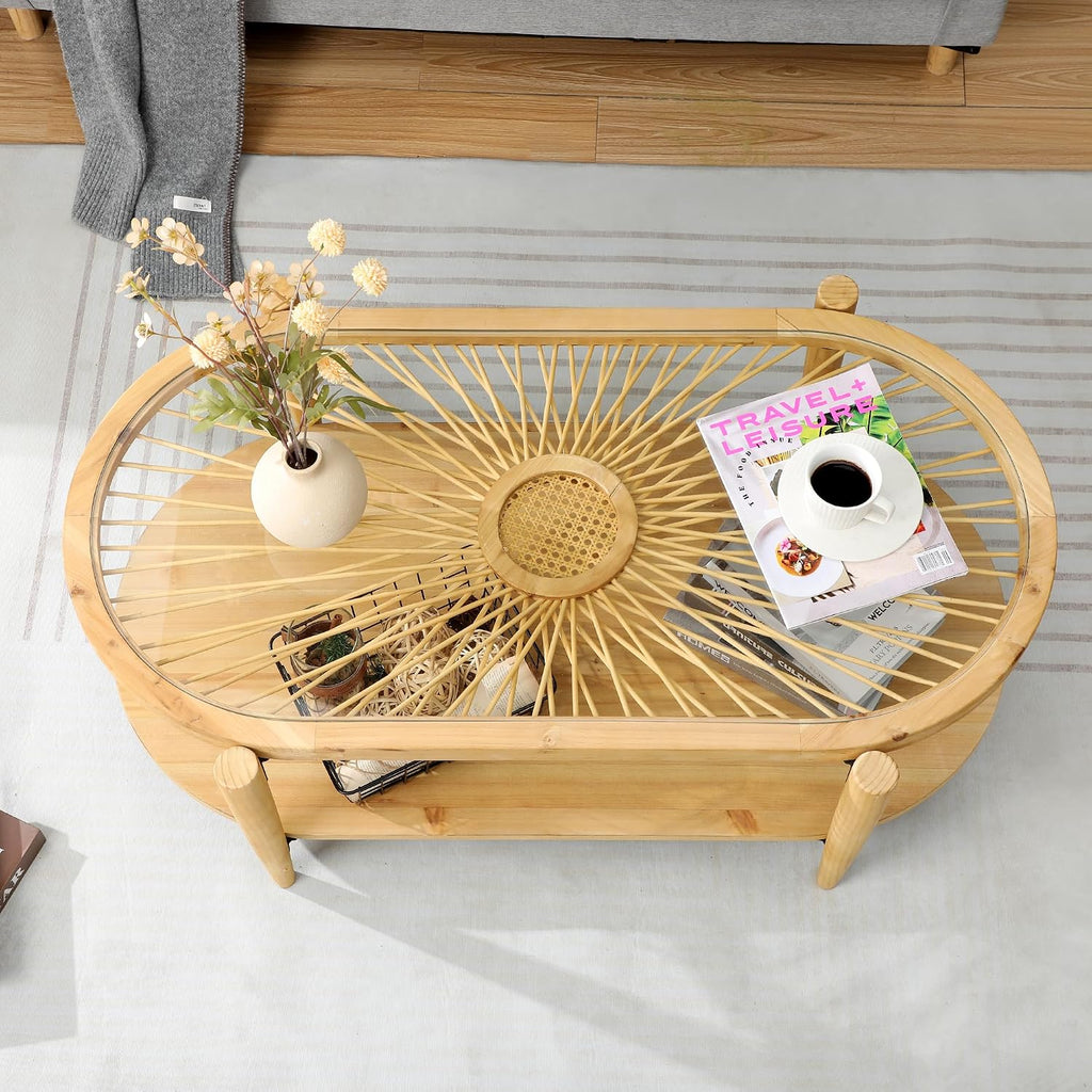 RUSTOWN Rattan Coffee Table Set of 3, Boho Living Room Table Set Includes Oval Coffee Table & 2 End Tables, 3-Piece Accent Sofa Side Tables Set with Rattan & Tempered Glass Top (Natural)