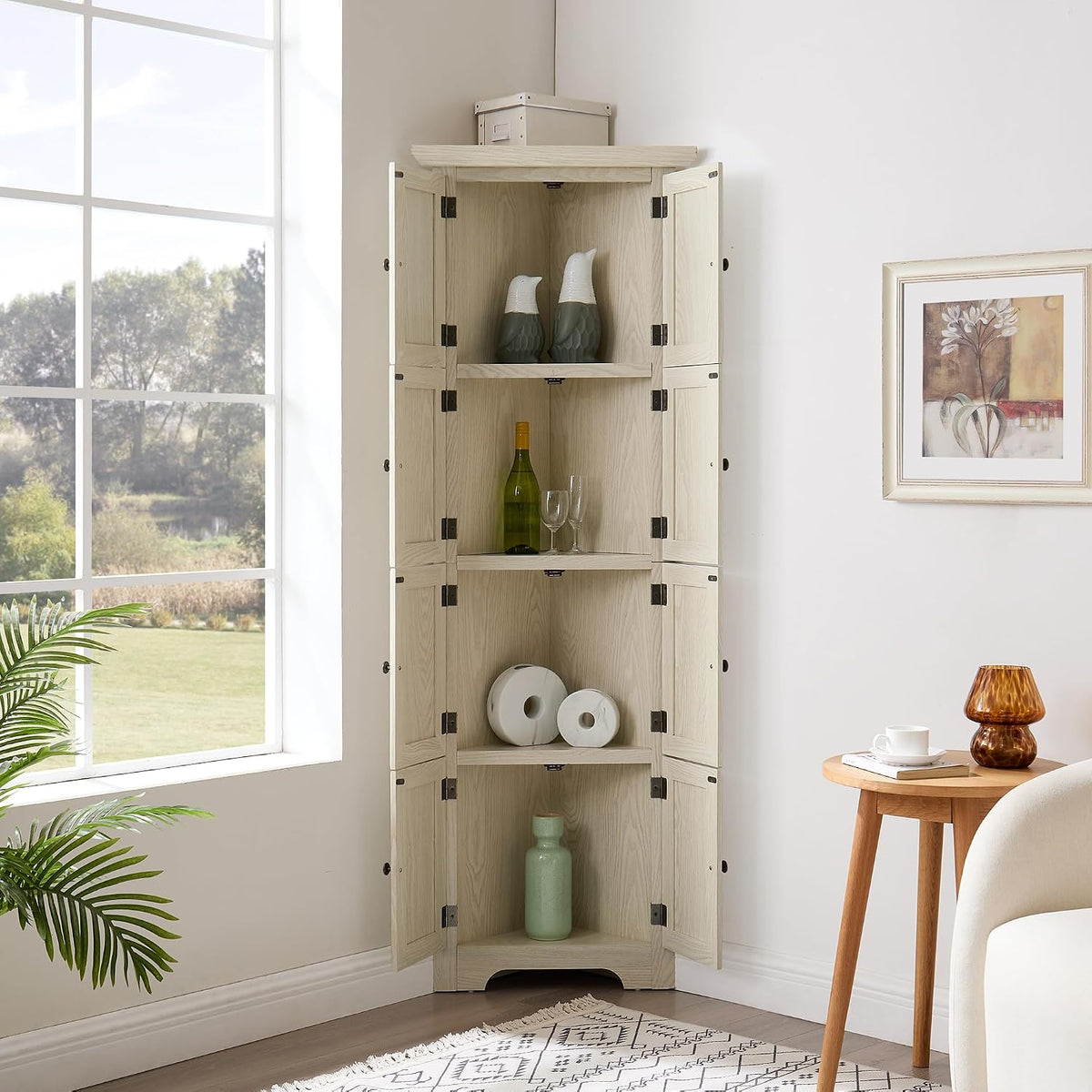 72' H Farmhouse Corner Storage Cabinet with 8 Doors & 4 Shelves, 4 Tier Kitchen Corner Pantry Cabinet Wooden Organizer Case Bookshelf, Home Space Saver Cabinet for Kitchen,Living Room(White)