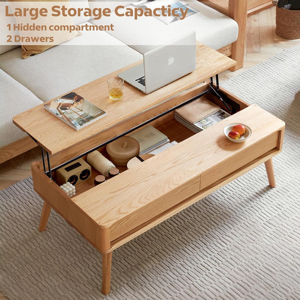 100% Solid Wood Lift Top Coffee Table for Living Room, Mid Century Modern Tables with Drawers and Large Storage, Oak Coffee Tables for Small Spaces (Oak Wood Log, 39.37' W x 21.65' D x 25.59' H)