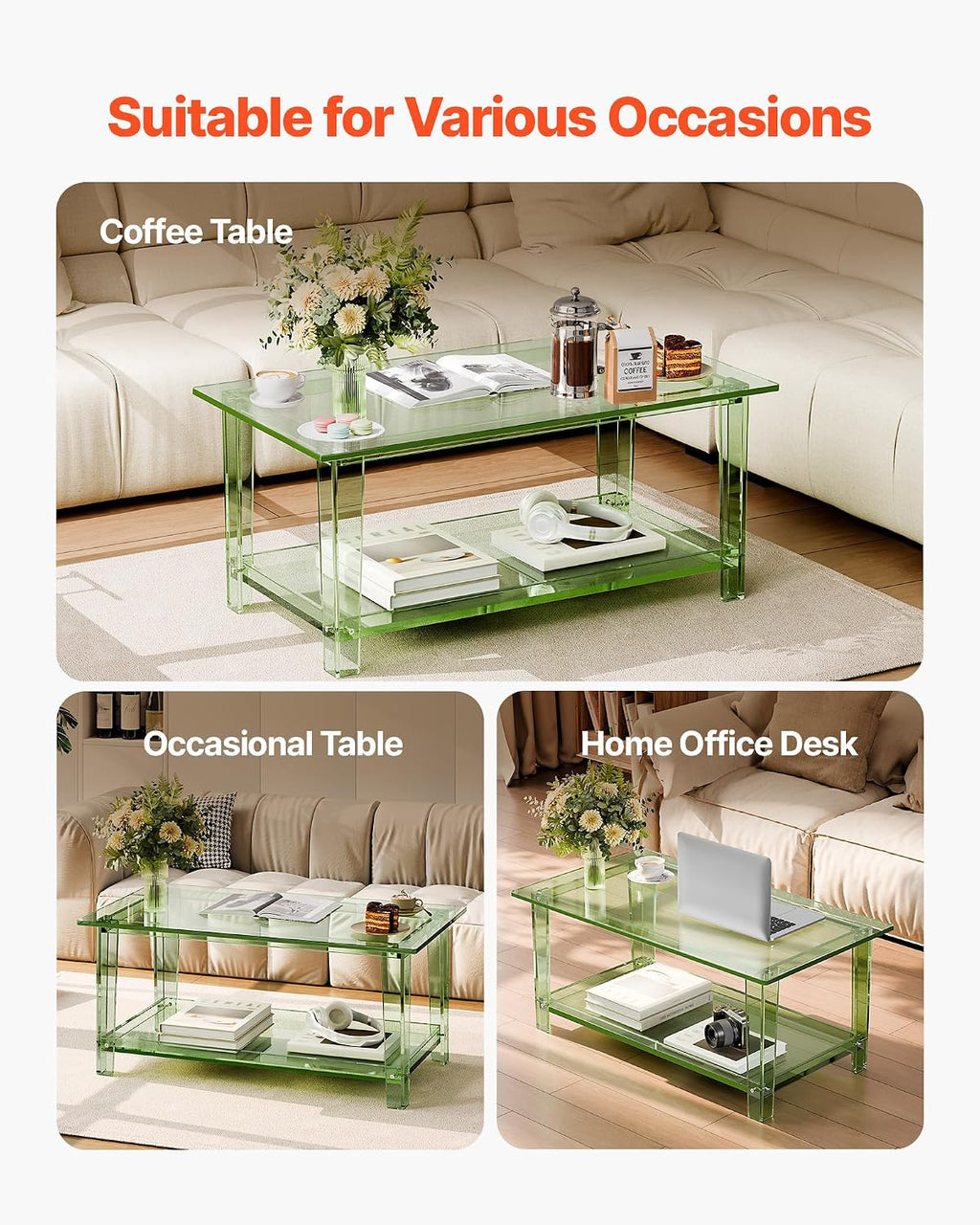 VEVOR Acrylic Coffee Table, 2-Tiers Center Table with Open Storage Shelf, Modern Rectangle Acrylic Coffe Desk for Living Room, Dining Room, Kitchen Island, Office, 31.5' W x 19.7' D x 15.7' H, Green