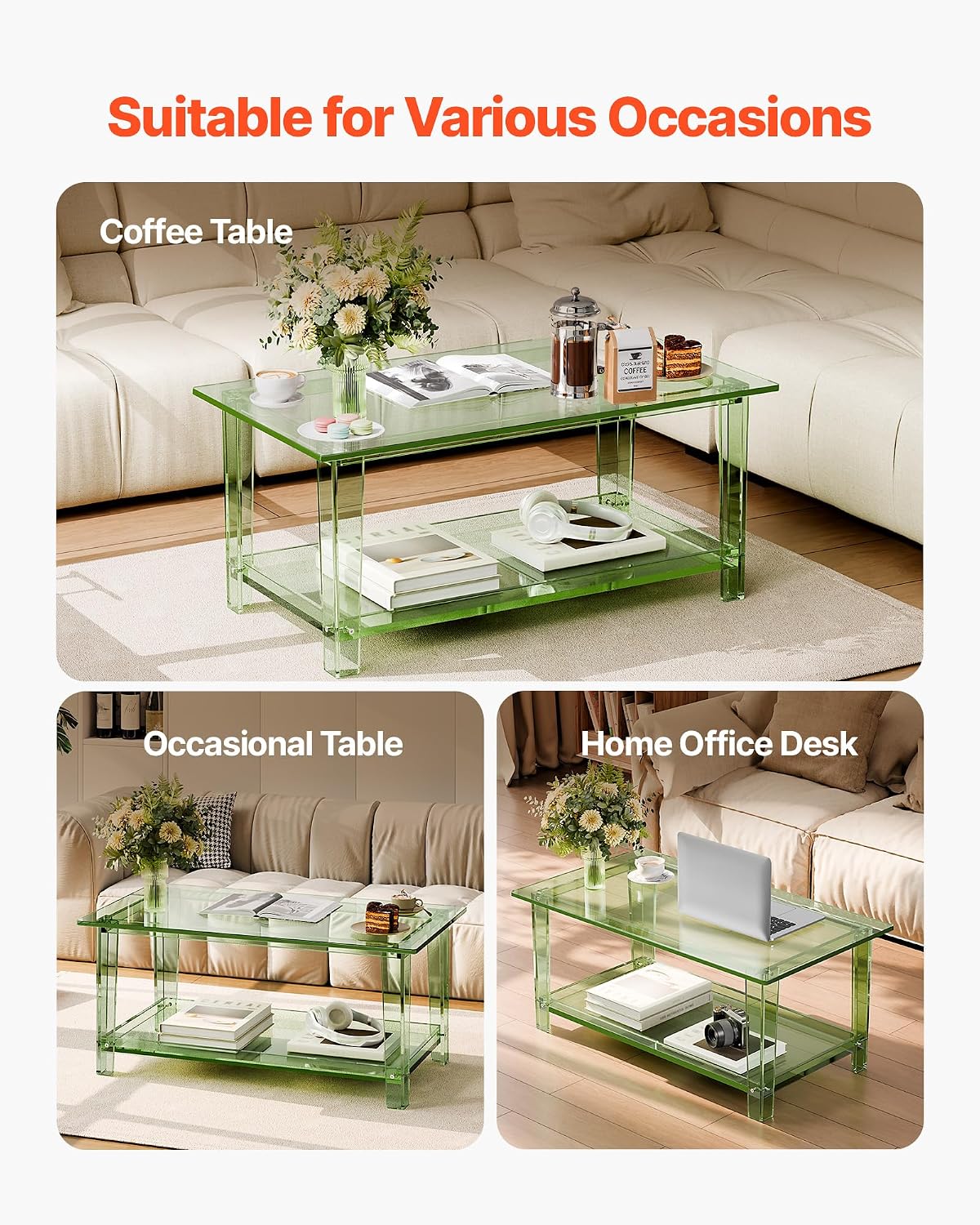VEVOR Acrylic Coffee Table, 2-Tiers Center Table with Open Storage Shelf, Modern Rectangle Acrylic Coffe Desk for Living Room, Dining Room, Kitchen Island, Office, 31.5' W x 19.7' D x 15.7' H, Green
