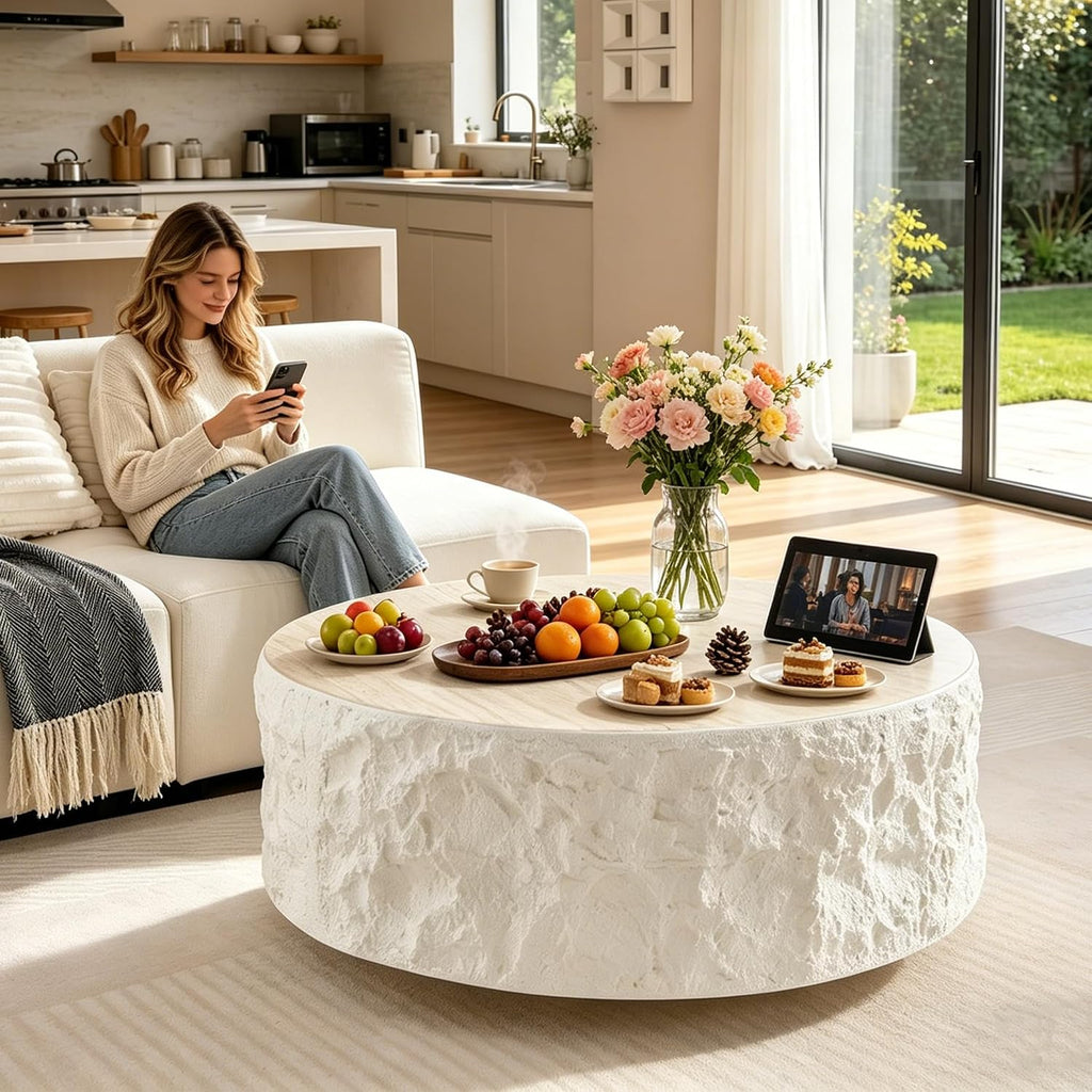 35.43' Modern Round Travertine Coffee Table, Faux Marble Center Table, Stone Accent Table, Concrete Coffee Table for Living Room, Apartment, Office, No Need Assembly (35.43', Round)