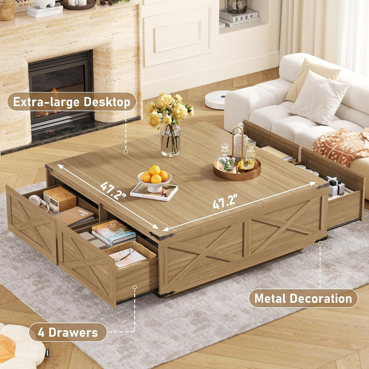 St.Mandyu 47' Farmhouse Square Coffee Table with 4 Drawers Extra Large Coffee Table with Storage Wooden Large Coffee Tables for Living Room Square Center Table for Home Office Natural