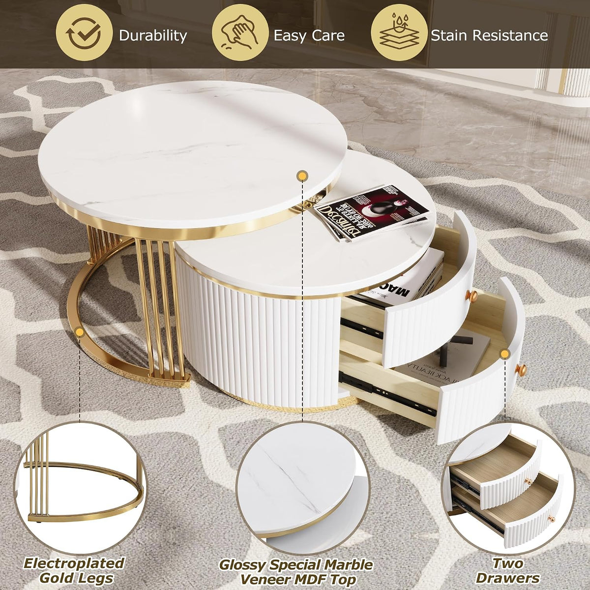 Merax 2-Piece Nesting Coffee Table Set, White Round End Side Tables with Drawers & Gold Metal Legs, Modern Compact for Living Room Small Spaces Apartment
