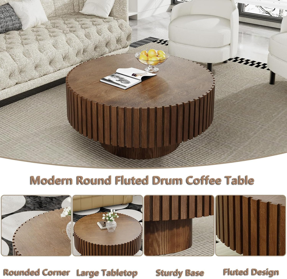Round Handcraft Fluted Coffee Table with Sturdy Stable Pedestal Modern Luxury Drum Center Table Circle Accent Base Center Tables for Living Room Apartment (G)