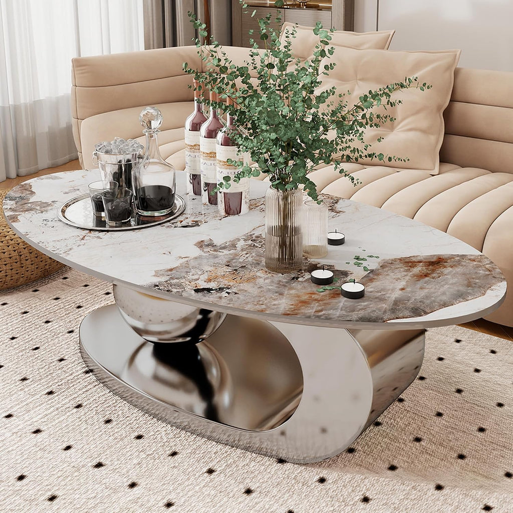 Marble Texture Coffee Table for Living Room,Modern Oval Coffee Table with Silver Stainless Steel Base for Office