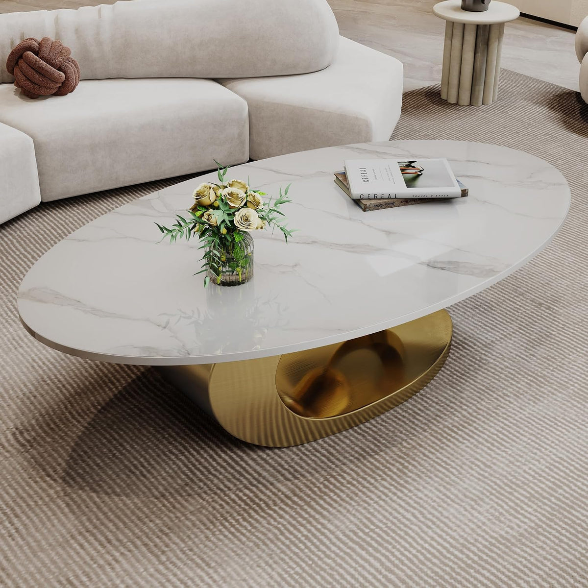 49.2' Oval Coffee Table, Modern Faux Marble Coffee Tables with Sculptural Sintered Stone Tabletop, Large Unique Tea Table with Stainless Steel Base for Living Room, Office, Bedroom, Gold+White