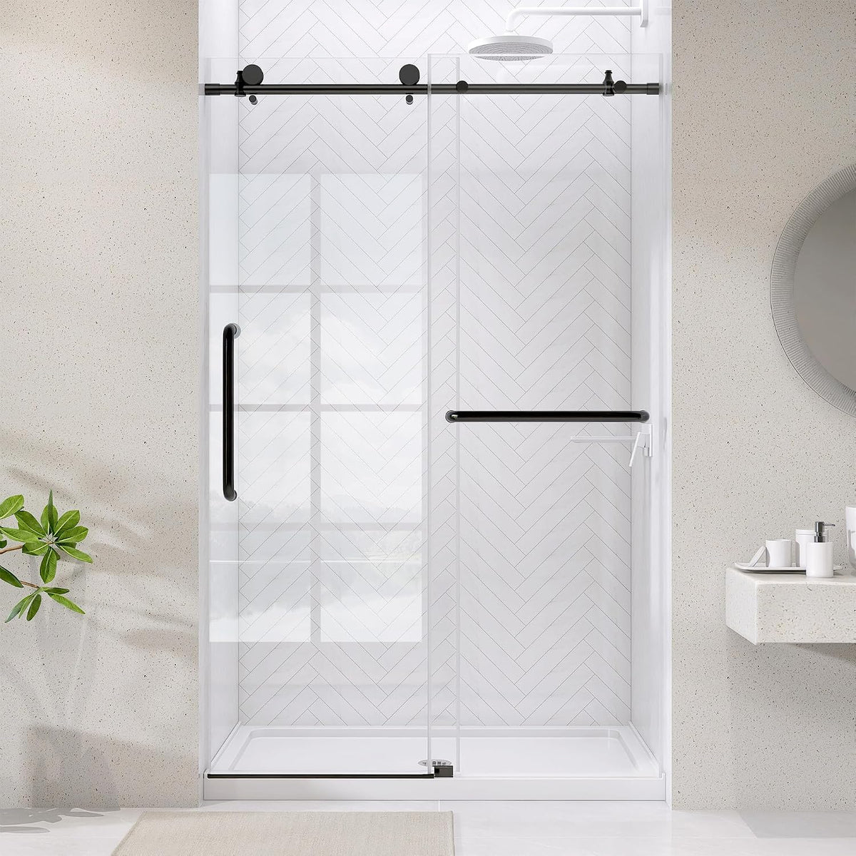 Frameless Glass Shower Door 44-48'' W x 75'' H, Single Sliding Shower Door, ANSI Tempered Clear Glass with Nano Coating, Matte Black, Stainless Steel Hardware, Low Threshold, Quiet Rollers
