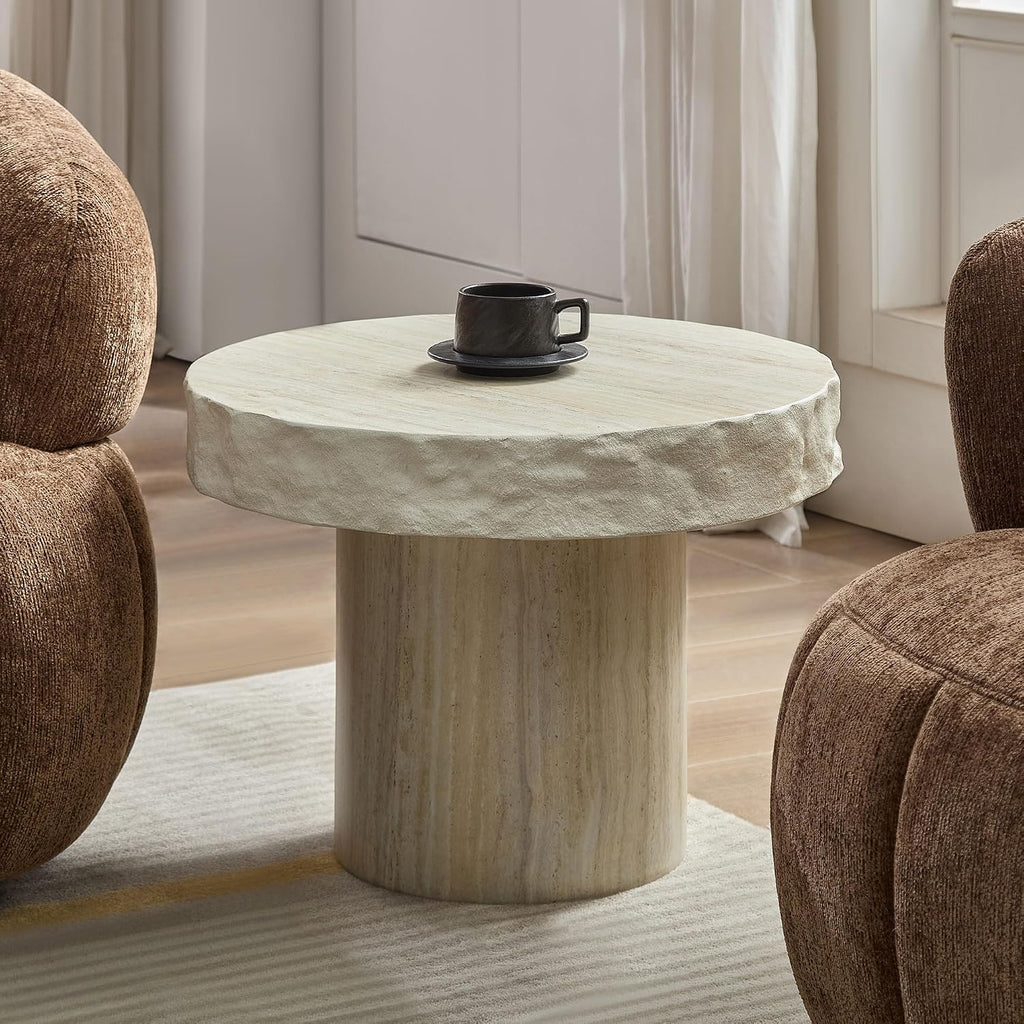Faux Stone Round Coffee Table Set of 2 for Living Room, Modern Mid-Century Retro Pedestal Coffee Table, Fiberglass Material & Mars Textural Patterns, No Assembly, Beige