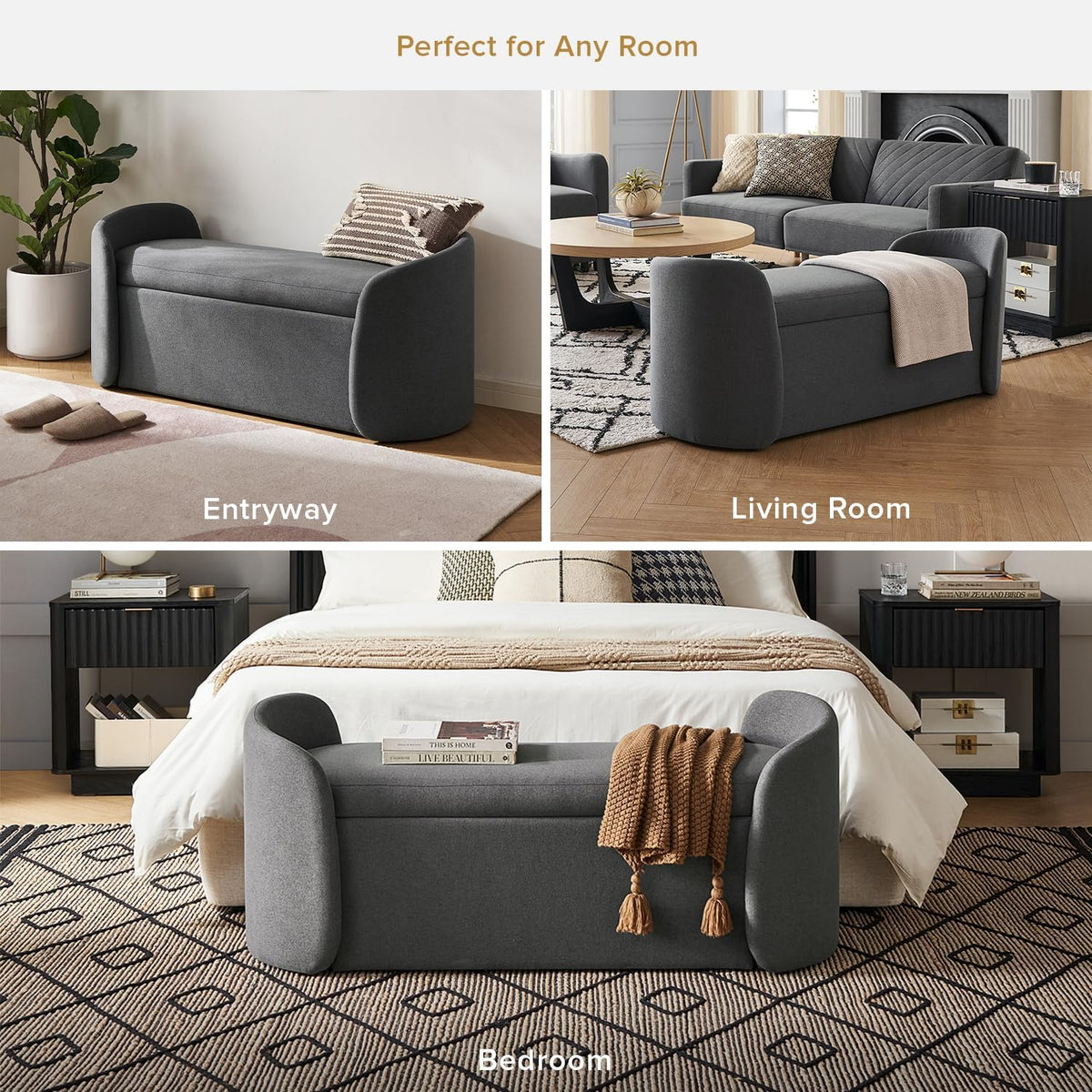 mopio Sophie 51' Ottoman Storage Bench, Entryway and Window Seating, End of Bed Curved Stool for King & Queen Bed, Storage Chest for Bedroom (Dark Gray Fabric)