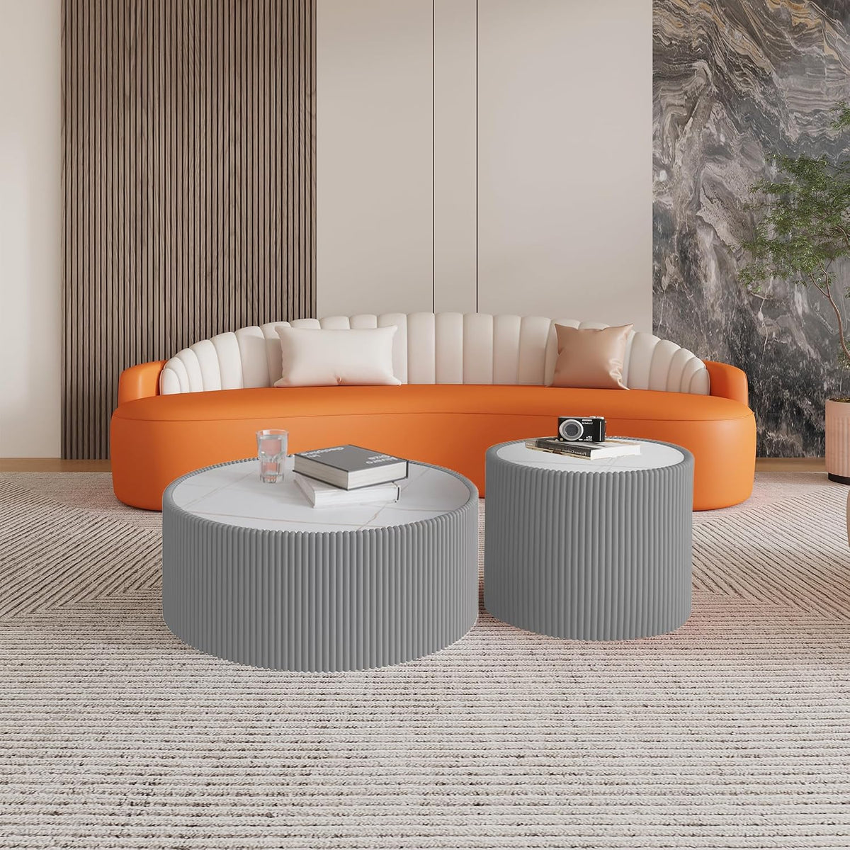 GDFStudio Modern Round Coffee Table, Luxury Sintered Stone Top Circle Side Table with PU Leather Drum Base, Creative Shape End Tables for Living Room Bedroom Tea Tables, Fully Assembled, Grey-Small